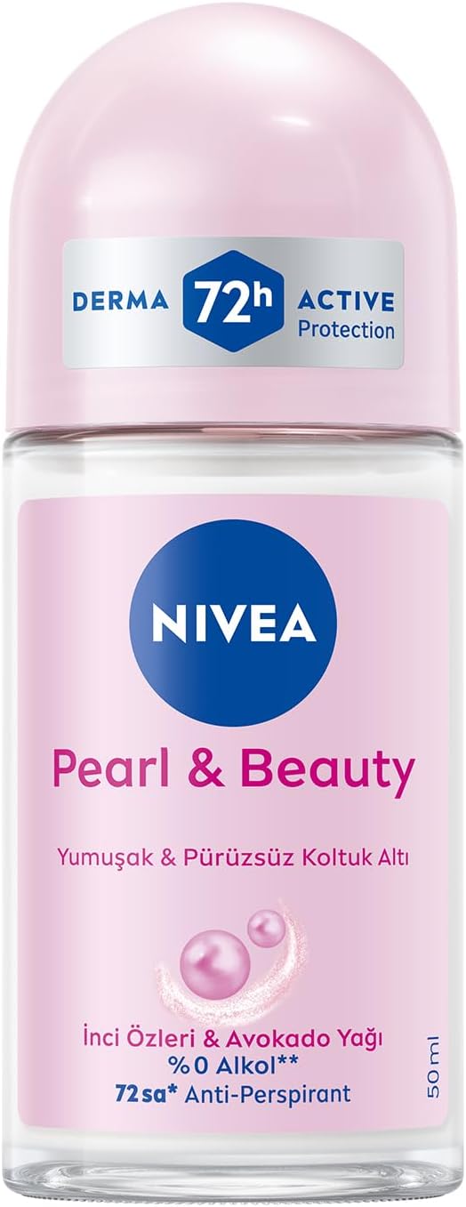 NIVEA Kadın Roll on Deodorant Pearl&Beauty 50 ml,72 Saat Terlemeye Karşı Anti Perspirant Koruma,Çiçeksi Pudra Kokusu,Yumuşak Koltuk Altı,Avokado Yağı,İnci Özleri, Etil Alkol İçermez