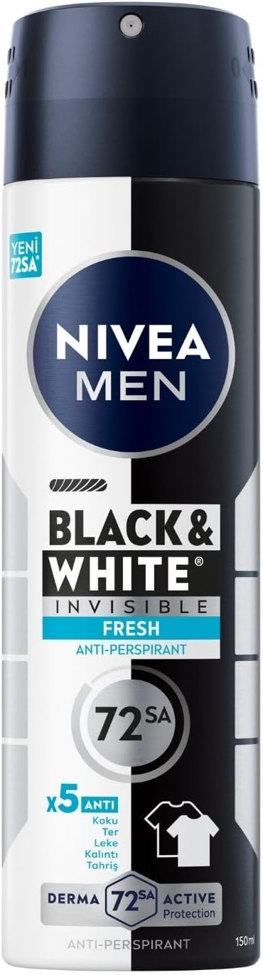 NIVEA MEN Erkek Sprey Deodorant Deodorant Black&White Invisible Fresh 150 ml,72 Saat Anti-Perspirant Ter ve Ter Kokusuna Karşı Koruma,Kıyafetlerde Leke Bırakmaz,Etil Alkol İçermez