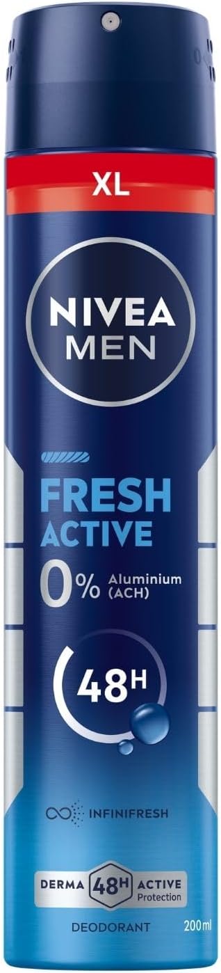 NIVEA MEN Erkek Sprey Deodorant Fresh Active 200ml, Ter Kokusuna 48 Saat Etkili, Erkeksi Koku, Ferahlık,Ekonomik Boy