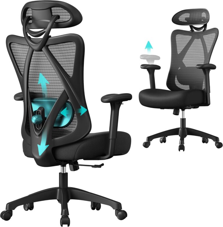 SONGMICS Ofis Sandalyesi, Ergonomik Çalışma Masası Sandalyesi, Bilgisayar Sandalyesi, File Sandalye, Ayarlanabilir Bel Desteği ve Baş Desteği, 150 Kg'a Kadar Taşıma Kapasitesi, Yüksekliği
