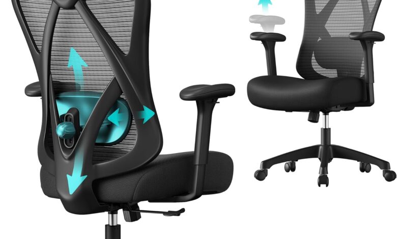 SONGMICS Ofis Sandalyesi, Ergonomik Çalışma Masası Sandalyesi, Bilgisayar Sandalyesi, File Sandalye, Ayarlanabilir Bel Desteği ve Baş Desteği, 150 Kg'a Kadar Taşıma Kapasitesi, Yüksekliği