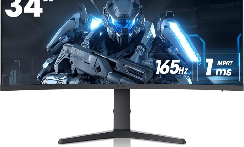 KOORUI Monitör 34E6UC 34 inç, 165Hz/, UWQHD, 3440 * 1440, 1ms, Adaptive Sync, monitörler, gaming, HDMI2.1 * 2, DP1.4 * 1, Eğilmek,-5~20°/-15~15°, Yukarı ve aşağı, VESA，HDR400, 75 * 75mm, Siyah
