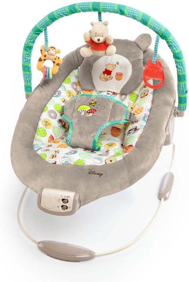 Bright Starts Winnie the Pooh Dots & Hunny Pots Sallanan Bebek Titreşimli Bebek Koltuğu, Müzik ve 3 Farklı Oyun Arkadaşlı, 58x48x58 cm