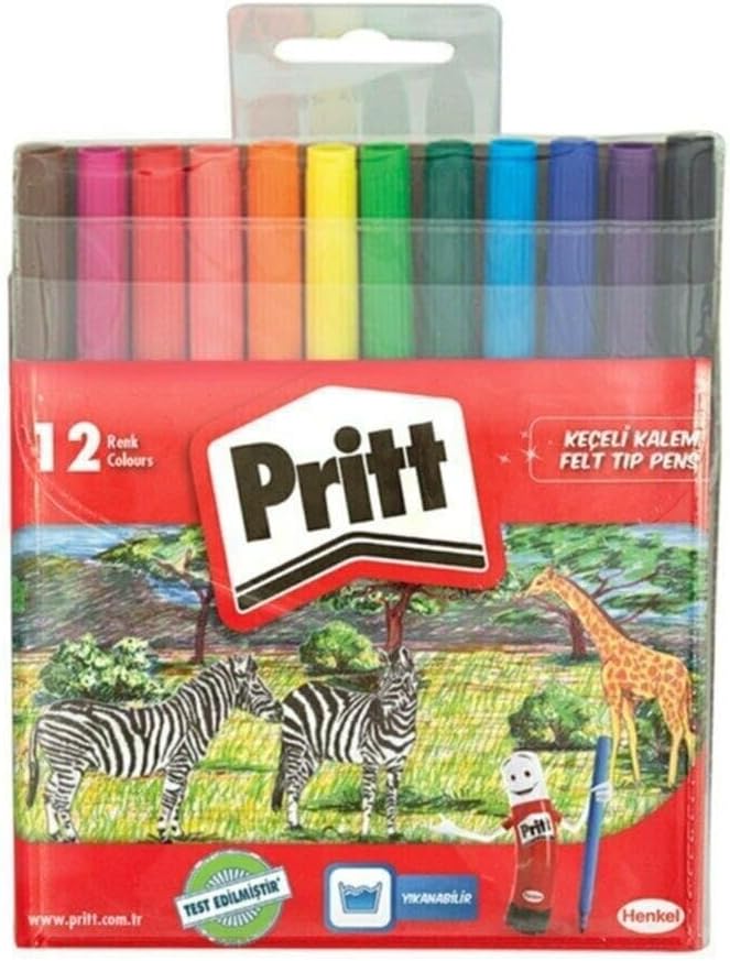 Pritt Keçeli Kalemler, çocuk dostu zararsız boya, su bazlı renkli kalem, silinebilir boya kalemi, dayanıklı kırtasiye malzemesi, 12 Renkli Paket