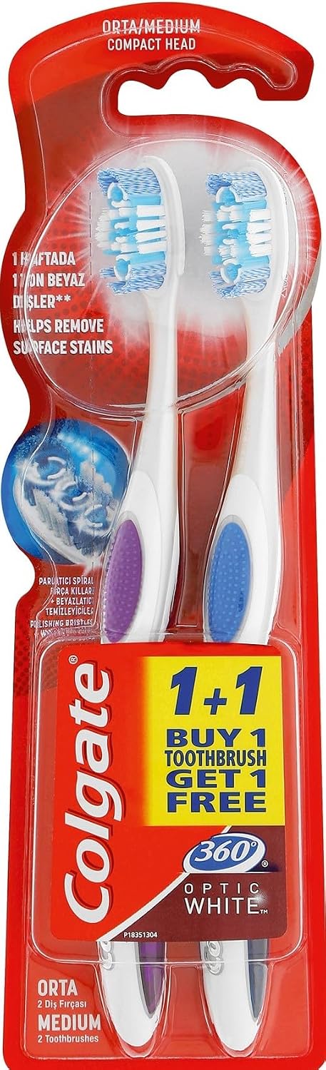 Colgate 360 Optik Beyaz Dil ve Yanak Temizleyicili Orta Beyazlatıcı Diş Fırçası 1+1