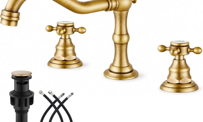 Banyo Lavabo Bataryası Yaygın Çift Çapraz Düğmeler Antik Pirinç 3 Delikli Karıştırma Musluk Güverte Montajı Açılır Tahliye