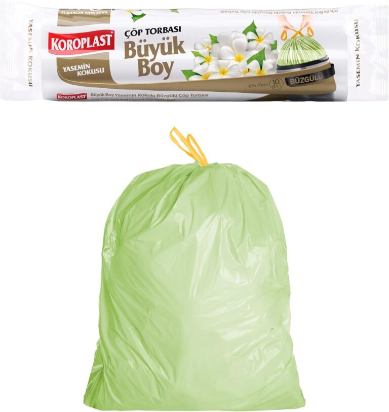 Koroplast Yasemin Kokulu Büyük Boy Büzgülü Çöp Poşeti 10'lu 65x67 cm, Kolay Bağlanır Kokulu Büzgülü Büyük Boy Çöp Torbası, Sızdırmaz, Yırtılmaz, Geri Dönüştürülebilir Atık Torbası, Güçlü Çöp Poşeti