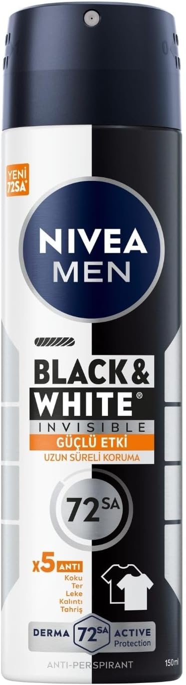 NIVEA MEN Erkek Sprey Deodorant Black&White Invisible Güçlü Etki 150 ml, 72Saat Anti Perspirant Terleme ve Ter Kokusuna Karşı Koruma,Kıyafetlerde Leke Karşıtı
