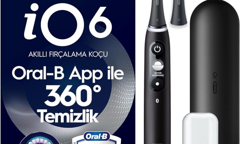 Oral-B iO6 Siyah Şarjlı/Elektrikli Diş Fırçası, 2 Fırça Başlığı, Uzun Ömürlü Pil, Premium Seyahat Kabı, Yedek Başlık Kabı