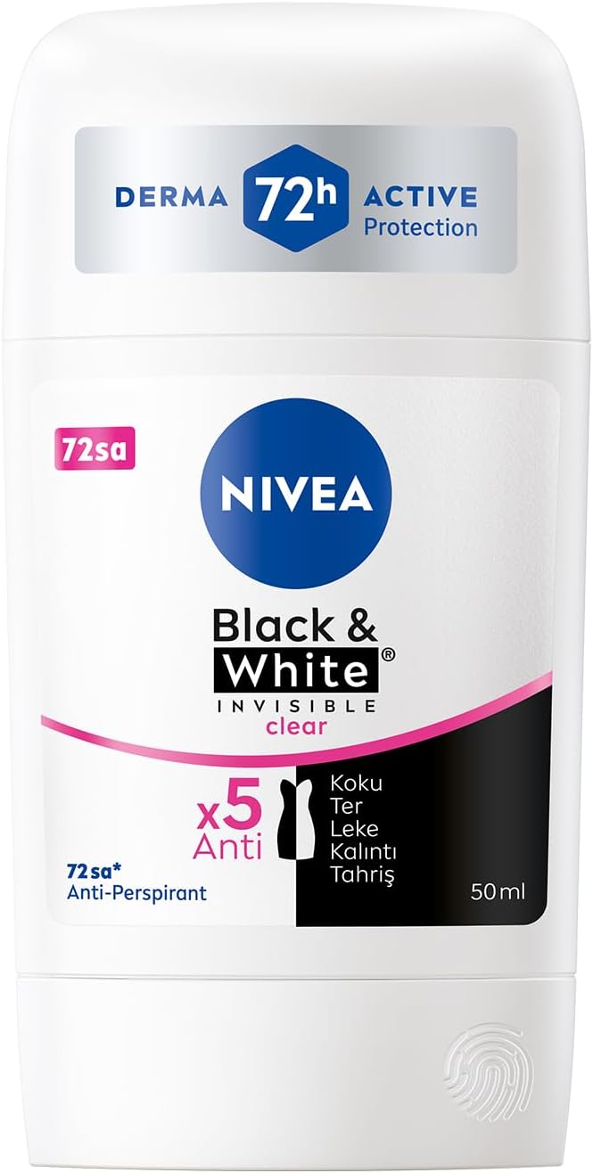 NIVEA Kadın Stick Deodorant Black&White Invisible Clear 72 Saat Anti-Perspirant Koruma, 50 ml