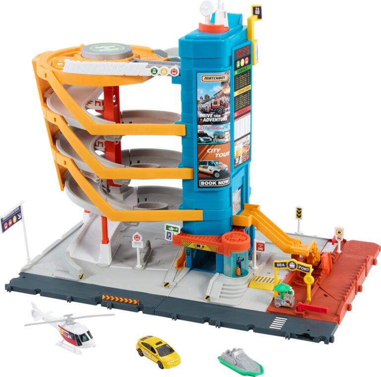Matchbox Oyuncak Araçlar ve Oyun Seti, 5 Seviyeli Ulaşım Merkezi, Çocuk ve Arabayla Etkinleştirilen Özellikler, 1:64 Ölçekli Taksi, Tekne ve Helikopter ve Gıda Satıcısı