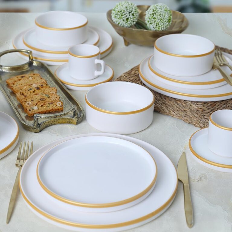 Keramika Mat Beyaz Gold Fileli Stackable Yemek/Kahvaltı Takımı 20 Parça 4 Kişilik