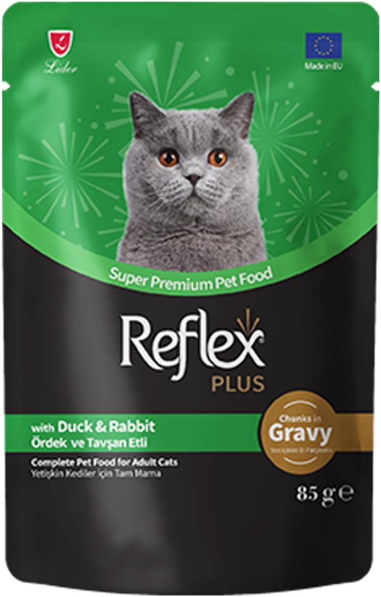 Reflex Plus Sos İçinde Et Parçacıklı Ördekli&Tavşanlı Yetişkin Kedi Maması 85 Gram