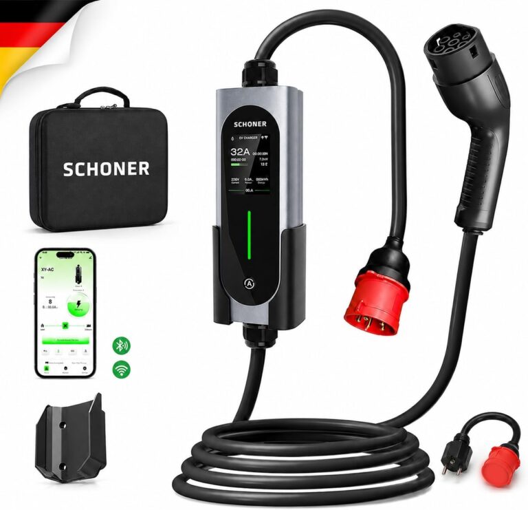 SCHONER® 22KW Taşınabilir Elektrikli Araç Şarj İstasyonu Wi-Fi/Bluetooth Smart 5.5 Metre Tip2 Kablolu Trifaz/Monofaz 32A 22kW/11kW/7.66kW/3.5kW (ChargePro22-APP)