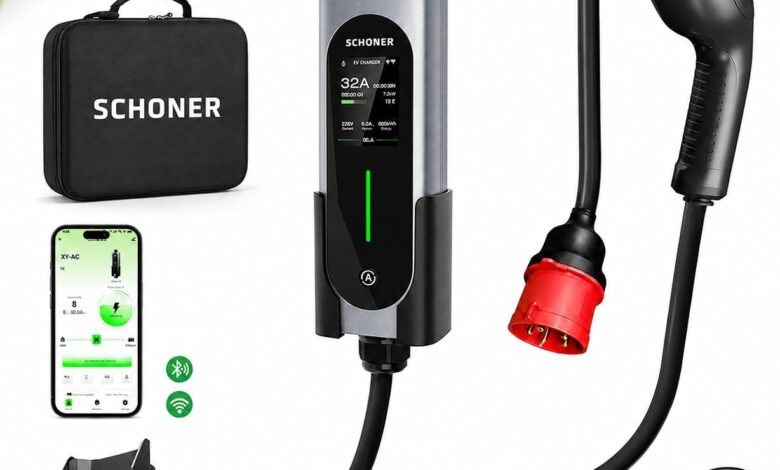 SCHONER® 22KW Taşınabilir Elektrikli Araç Şarj İstasyonu Wi-Fi/Bluetooth Smart 5.5 Metre Tip2 Kablolu Trifaz/Monofaz 32A 22kW/11kW/7.66kW/3.5kW (ChargePro22-APP)