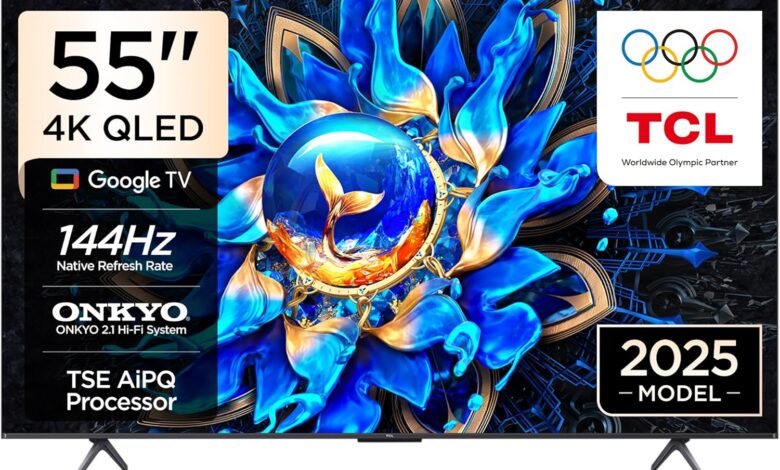 TCL 55 inç Akıllı TV 55T8C 4K QLED Renkli Quantum Crystal HDR10+ Oyun Google TV, 144Hz Doğal Yenileme Hızı, ONKYO 2.1 Hi-Fi Ses Sistemi, Dolby Atmos, DTS Virtual X, MEMC, Game Master (2025 Modeli)