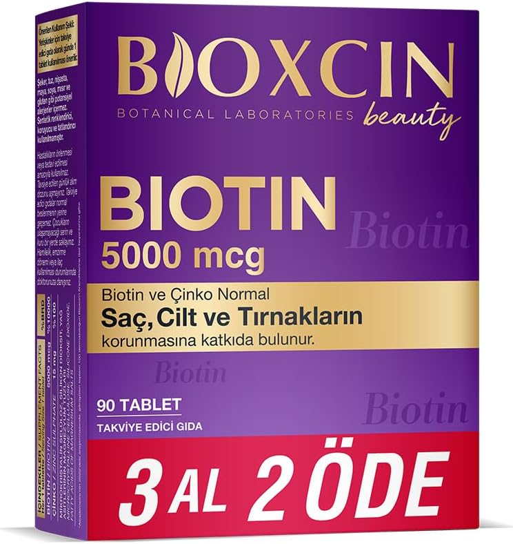 Bioxcin Biotin 5000 mcg | Saç ve Tırnak Sağlığı İçin Biotin + Çinko | Yorgunluk ve Enerji Metabolizması Desteği | 90 Tablet | Şeker ve Gluten İçermez