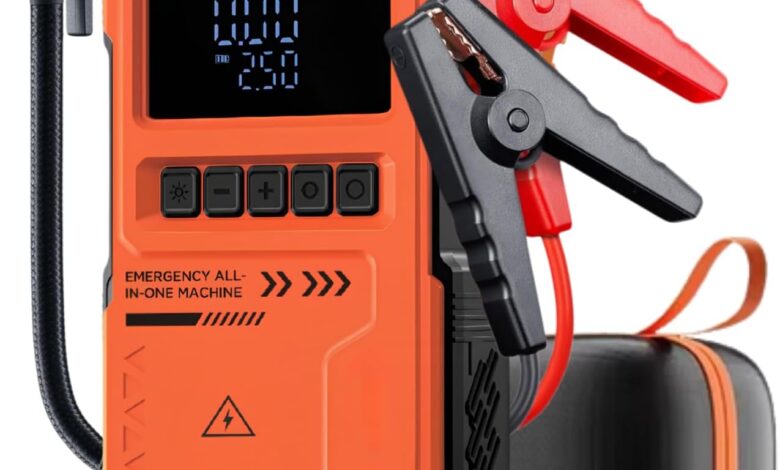 Auhma 10000mAh Jump Starter Akü Takviye Cihazı - 150 PSI Lastik Şişirme Hava Pompası, Taşınabilir Powerbank ve LED Fenerli Çok Amaçlı Araç Kiti (Turuncu)