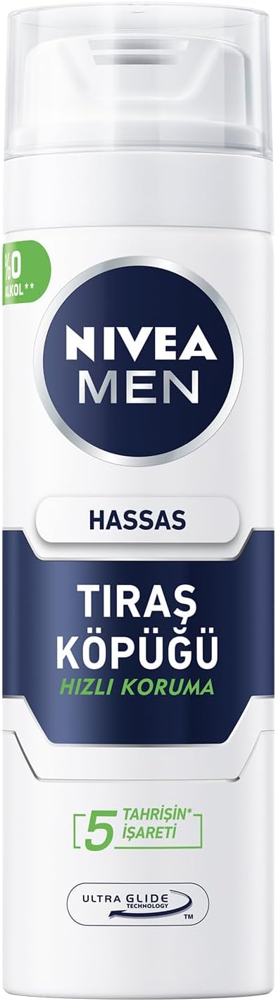 NIVEA MEN Erkek Hassas Tıraş Köpüğü 200 ml, Hassas Ciltlere Özel Hızlı Koruma, Yanma Karşıtı, Alkolsüz Formül