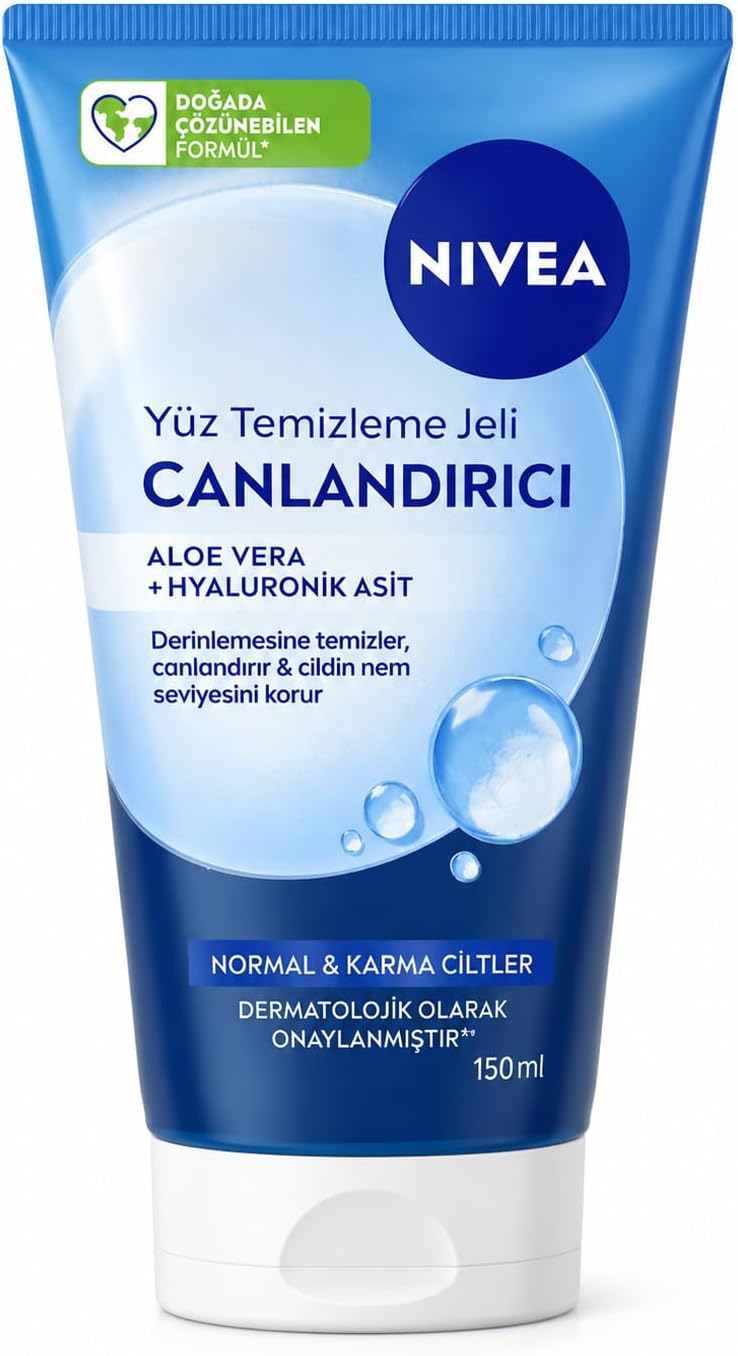 NIVEA Canlandırıcı Yüz Temizleme Jeli 150 ml,Aloe Vera,Hyaluronik Asit,Normal ve Karma Ciltler