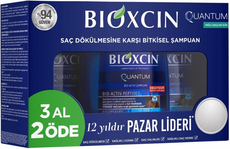 Bioxcin Quantum Şampuan 3 x 300 ml – Yağlı Saçlar İçin Sebum Dengeleyici ve Saç Dökülmesine Karşı Etkili Şampuan (3 Al 2 Öde Set)