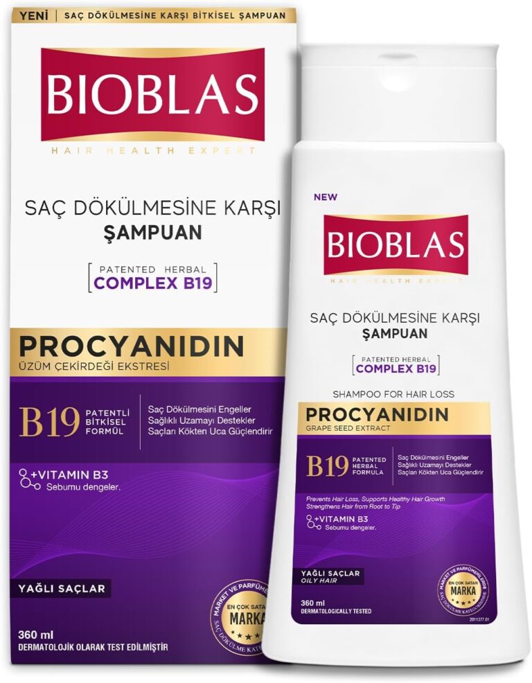 Bioblas Procyanidin Şampuan – Saç Dökülmesine Karşı, Üzüm Çekirdeği Ekstraktlı, Bitkisel Kompleks B19, Yağ Dengeleyici, 360 ml