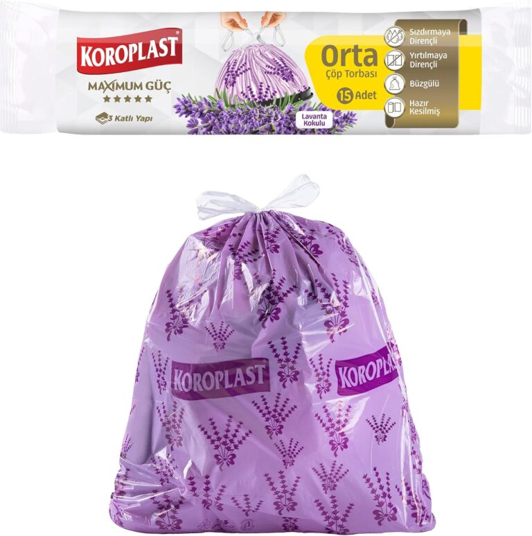 Koroplast Lavanta Kokulu Orta Boy Büzgülü Çöp Poşeti 15'li 55x60 cm, Kolay Bağlanır Kokulu Büzgülü Orta Boy Çöp Torbası, Sızdırmaz, Yırtılmaz, Geri Dönüştürülebilir Atık Torba, Ekstra Güçlü Çöp Poşeti