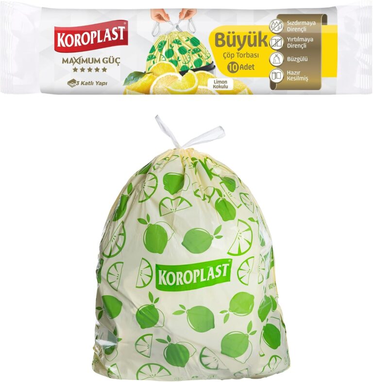 Koroplast Limon Kokulu Büyük Boy Büzgülü Çöp Poşeti 10'lu 65x67 cm, Kolay Bağlanır Kokulu Büzgülü Büyük Boy Çöp Torbası, Sızdırmaz Yırtılmaz, Geri Dönüştürülebilir Atık Torbası Ekstra Güçlü Çöp Poşeti