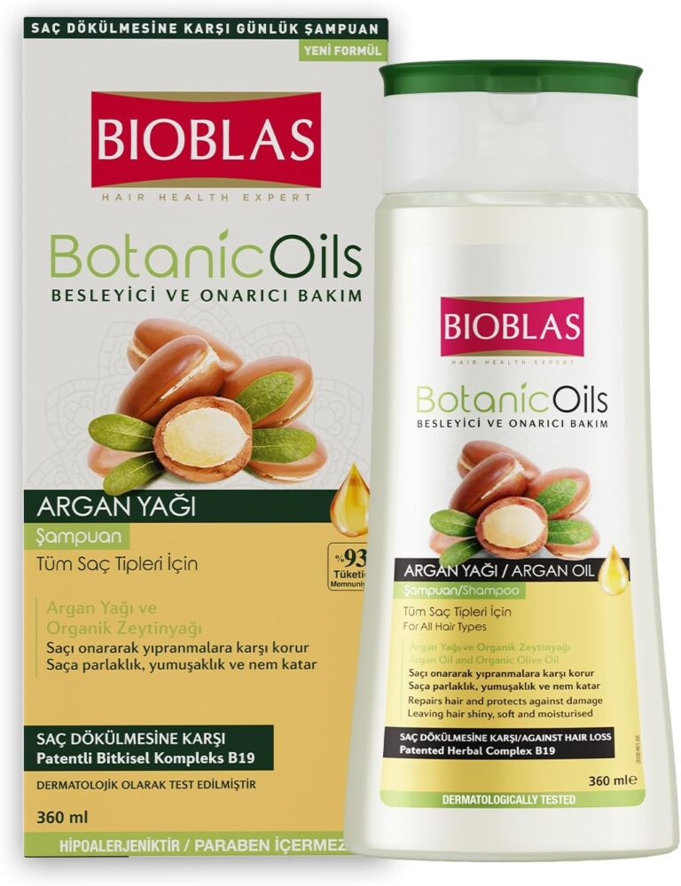 Bioblas Saç Dökülmesine Karşı Bitkisel Şampuan – Argan & Zeytinyağı İçerikli, Biocomplex B19, Parlaklık ve Onarım Sağlayan Şampuan, 360 ml