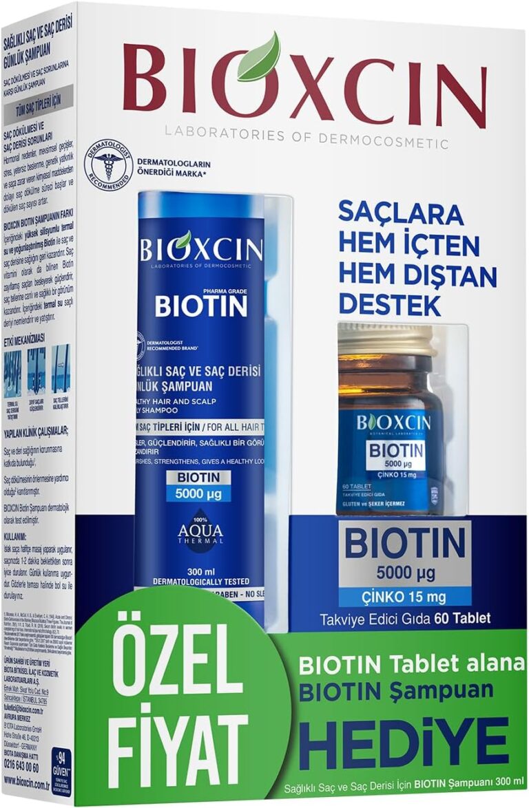 Bioxcin Biotin Saç Bakım Seti – Dökülme Karşıtı Şampuan 300 ml + Biotin 5000 mcg 60 Tablet – Saç Sağlığı İçin Takviye Edici Set