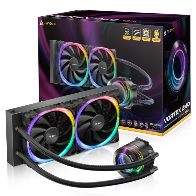 Antec Vortex 240 ARGB 240mm AIO Sıvı İşlemci Soğutucu, 2x120mm Fusion PWM ARGB Fan, Intel/AMD, Siyah