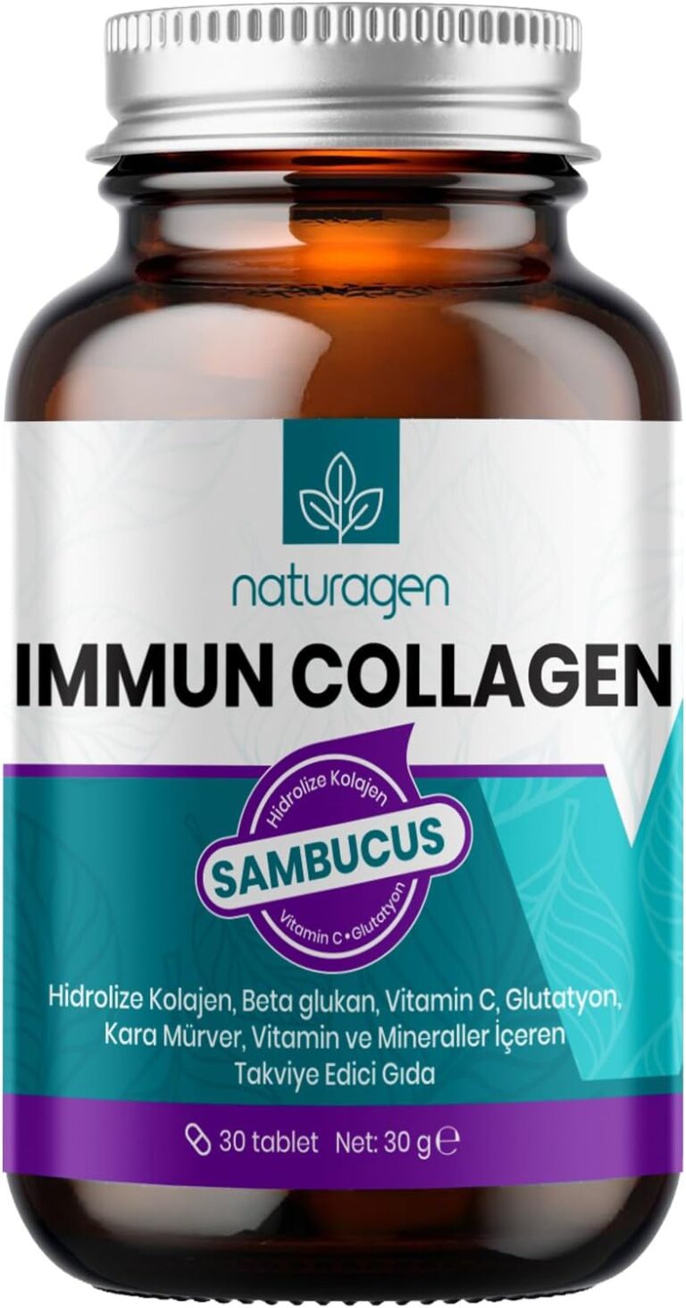 Naturagen Immun Collagen 30 Tablet Bağışıklık Güçlendirici Hidrolize Kolajen Peptitleri Tip 1 3 + B. Glukan + Vitamin A B6 B12 C D E + Glutatyon + Çinko Takviyesi (30 Tablet, Sambucus(Karamürver))