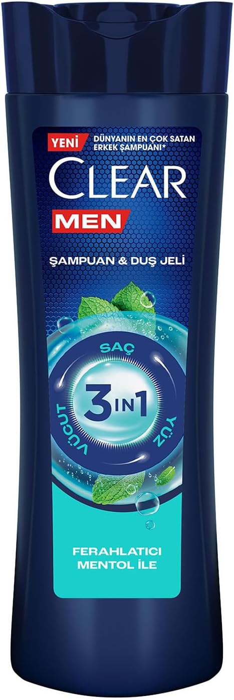 Clear Men 3 in 1 Şampuan & Duş Jeli Ferahlatıcı Mentol Etkisi Saç Yüz Vücut İçin 350 ml
