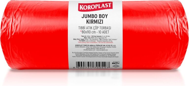 Koroplast Büzgülü Tıbbi Atık Poşeti Jumbo Boy 80x110 cm 10x10'lu Sızdırmaz Yırtılmaz Profesyonel Çöp Poşeti, Geri Dönüştürülebilir Kolay Bağlanır Tıbbi Atık Torbası, Hastane, Klinik Büzgülü Çöp Poşeti