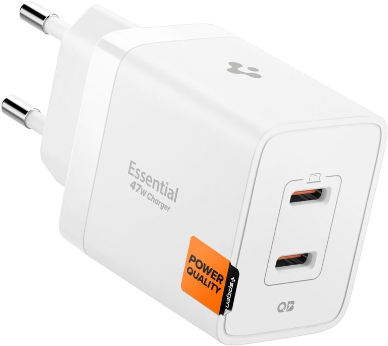 Spigen 47W USB-C 2 Port Mini Hızlı Şarj Aleti PPS 2.0 Super Hızlı Şarj GaN Pro Isı Düşürücü Güç Adaptörü Akım Koruma iPhone & Android & iPad & MacBook Type-C White - ACH08707