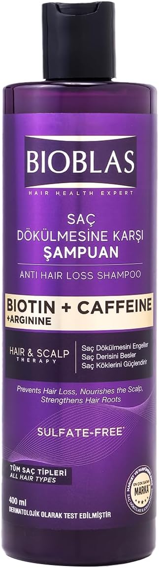 Bioblas Biotin Kafein Arjinin Şampuan – Saç Dökülmesine Karşı Güçlü Bitkisel Formül, Sülfatsız, BIOCOMPLEX B19 ile, 400 ml