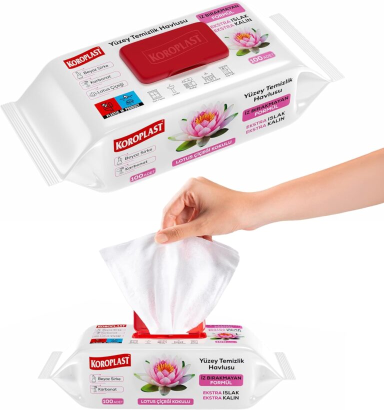 Koroplast Yüzey Temizlik Havlusu 100 Yaprak, İz Bırakmayan Lotus Kokulu Yüzey Temizlik Mendili 100'lü, Beyaz Sirke & Karbonat İçeren Islak Havlu & Mendil, Cam Ayna, Ev Ofis, Araba Araç Temizliği