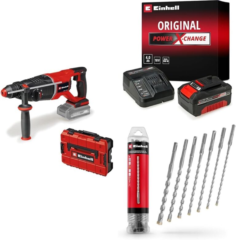 Einhell TP-HD 18/26 D Li BL - Solo, Kömürsüz Akülü Kırıcı Delici + 18V 4,0 Ah PXC Starter Kit, Akü ve Şarj Cihazı + SDS PLUS uç seti 7 parça, 6-14/210 mm