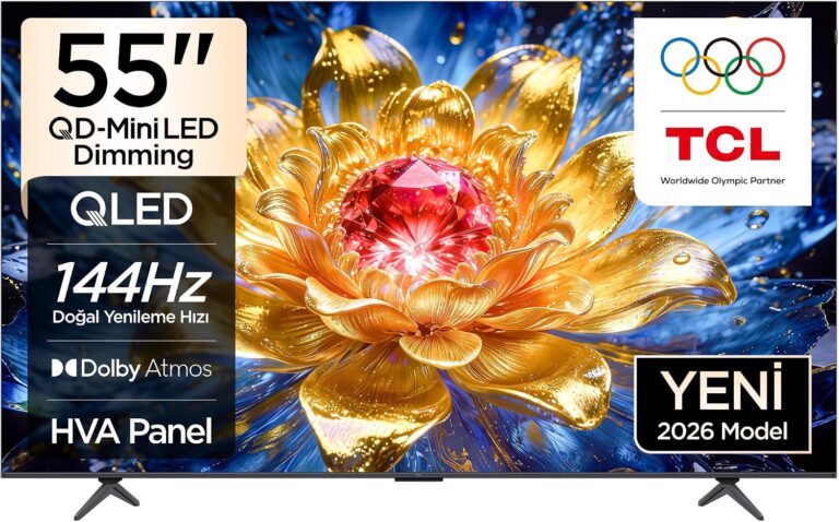TCL 55 inç Akıllı TV 55T8D 4K QD-Mini LED Dimming Renkli Quantum Crystal HDR10+ Oyun Google TV, 144Hz Doğal Yenileme Hızı, ONKYO 2.1 Hi-Fi Ses Sistemi, Dolby Atmos, AI Modu, Game Master (2026 Modeli)